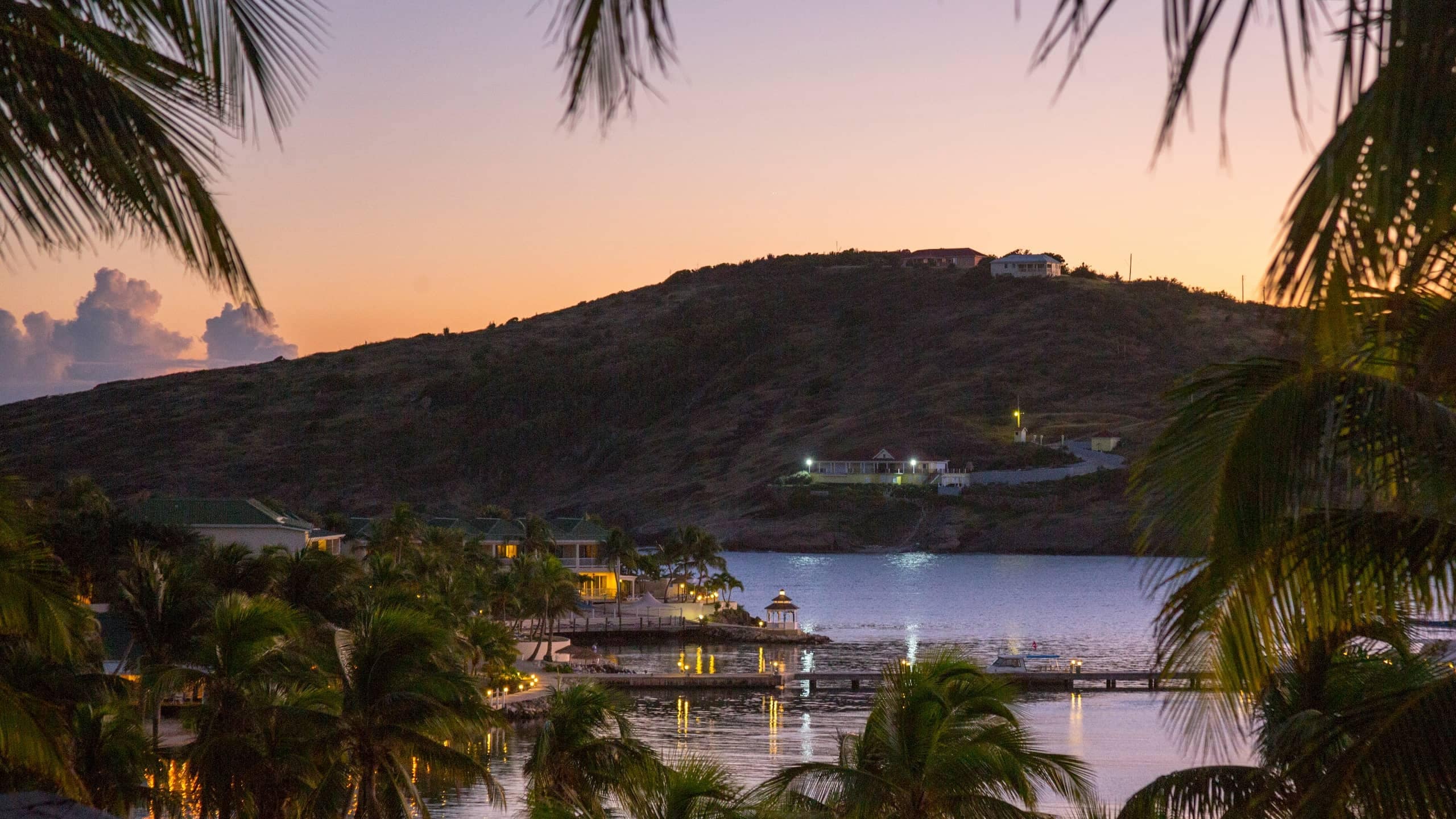 A palm-framed Caribbean bay at dusk