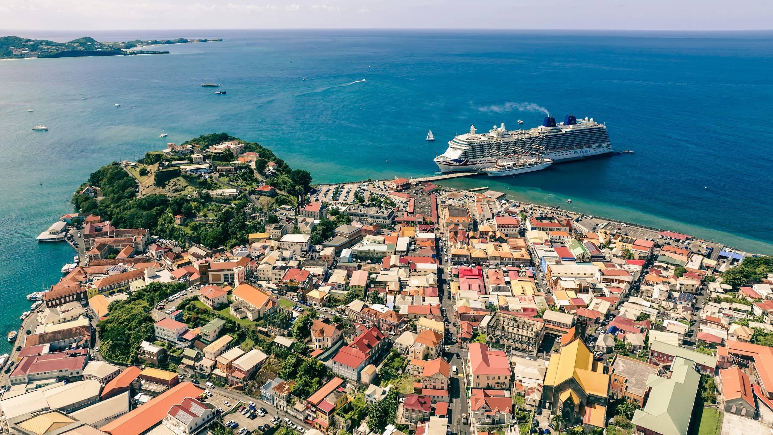Aerial view of St. George’s, Grenada, above the harbour